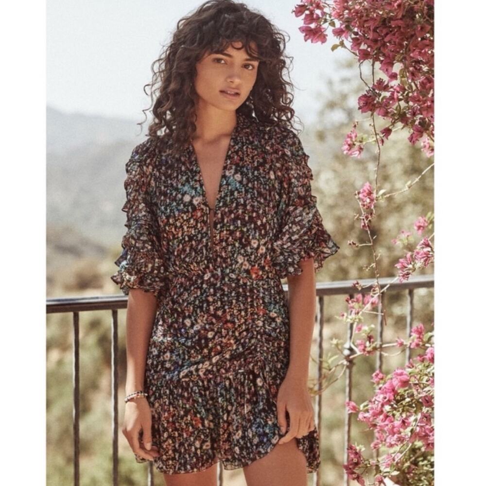 Saylor Muriel Black Floral Metallic Dot Ruched Skirt Mini Dress M $285